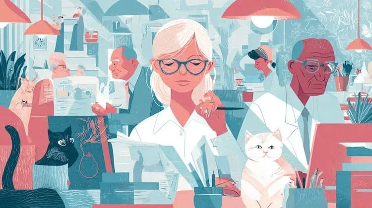 Diverse people working and relaxing in a café, with cats present.