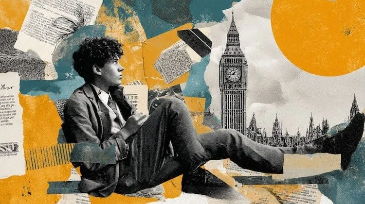 Young person reading in London, Big Ben in background.