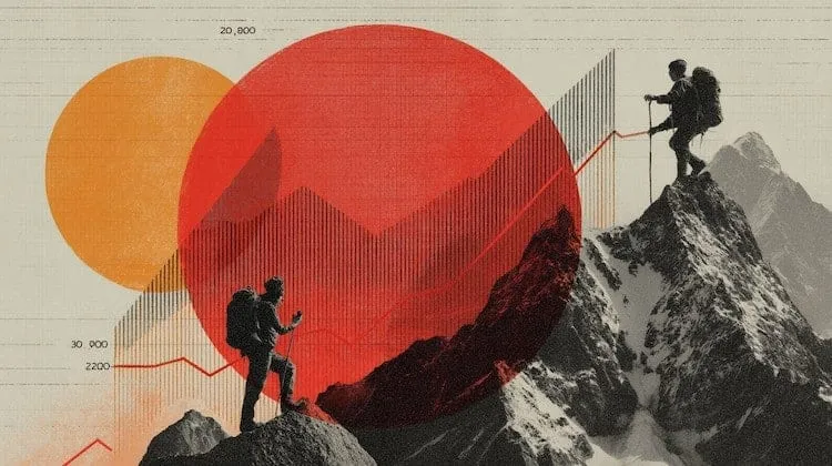Two climbers on mountain peaks with data charts and large red circle.