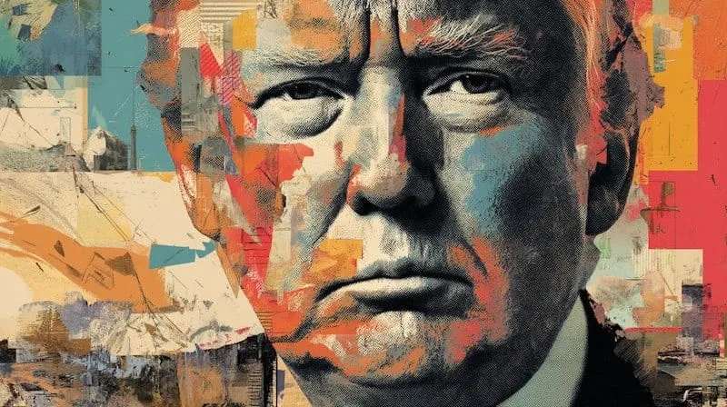 Close-up collage of Donald Trump's face made of torn paper fragments.