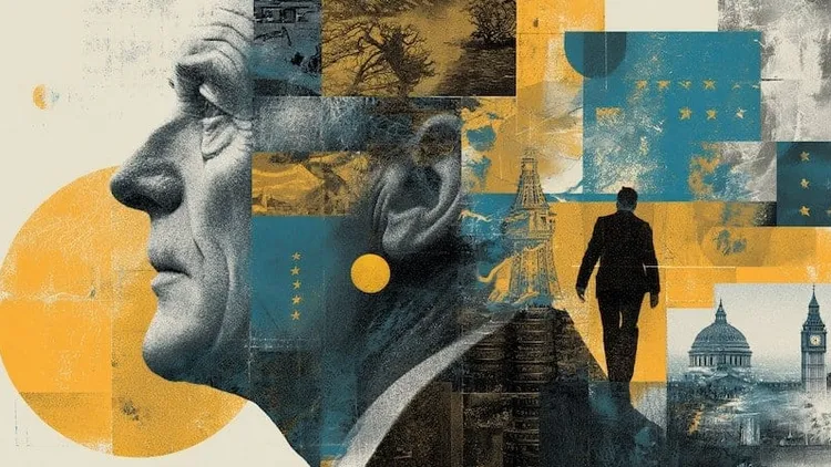 Collage of European landmarks and political figures, abstract style.