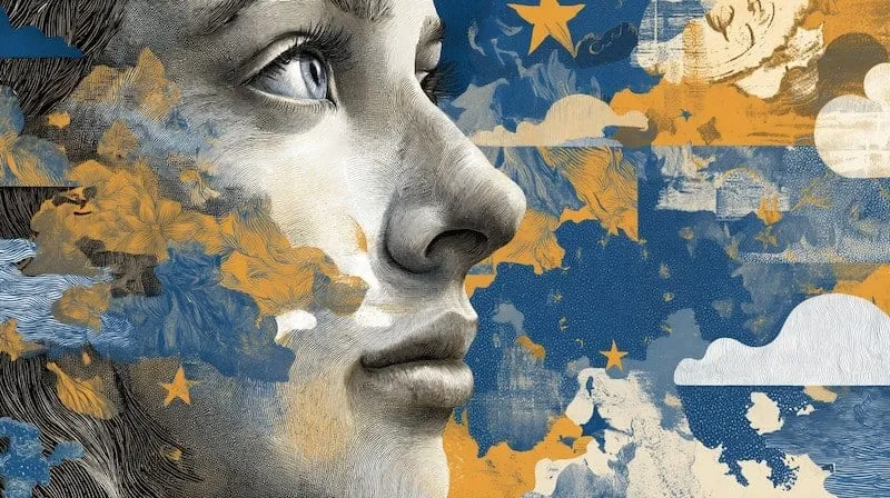 Abstract art of a woman's face with clouds and stars.