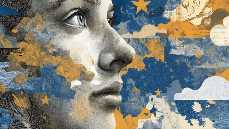 Abstract art of a woman's face with clouds and stars.