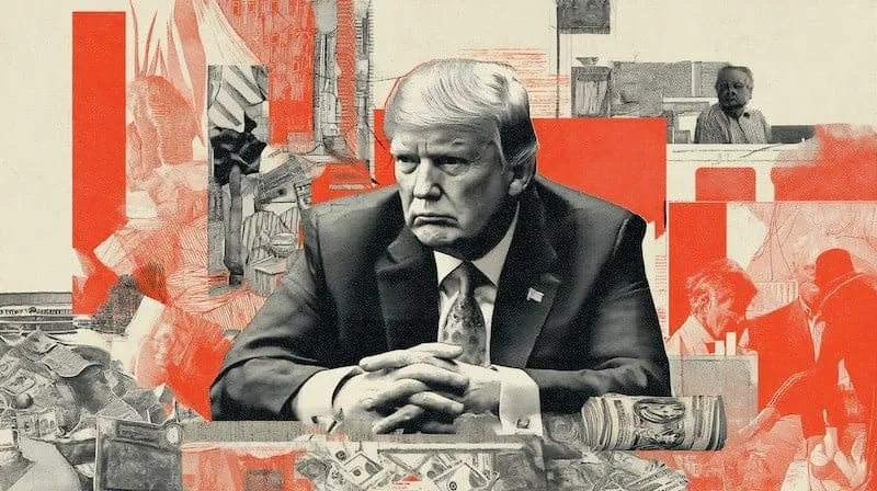 Collage of Donald Trump seated with clasped hands amid banknotes and red paper shapes.