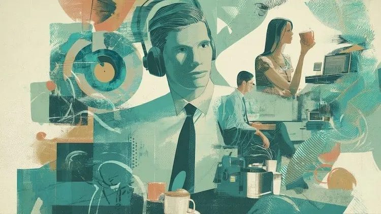 Illustration of workers and technology in a modern office environment.