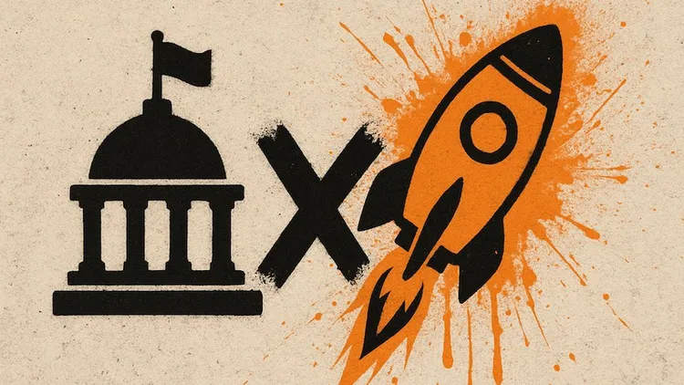 Government and innovation symbol, government building and rocket.
