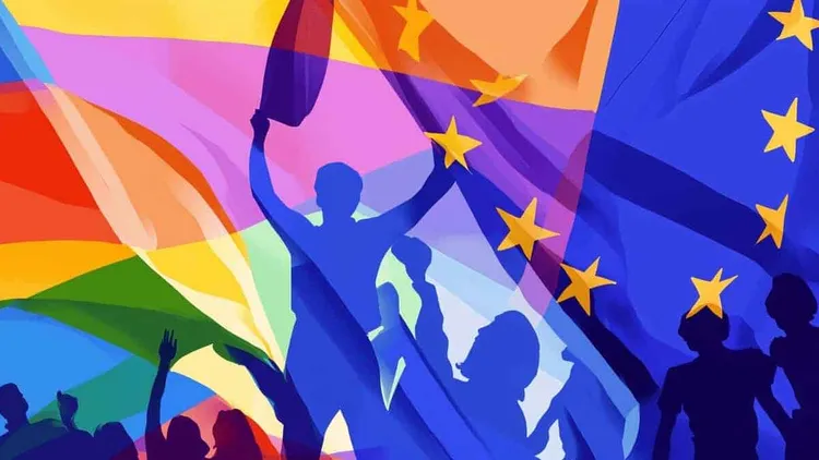 Silhouettes of people holding flags including rainbow and EU flags.