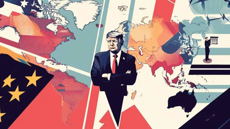 Illustration of Donald Trump with arms crossed on a world map framed by flags.