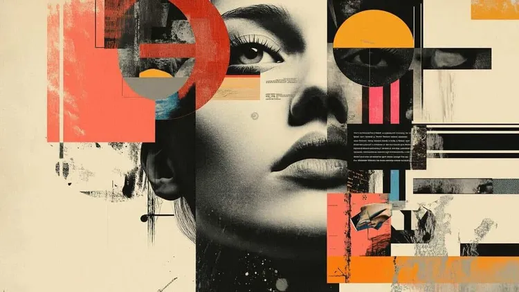 Abstract portrait of a woman with geometric shapes and bold colours.