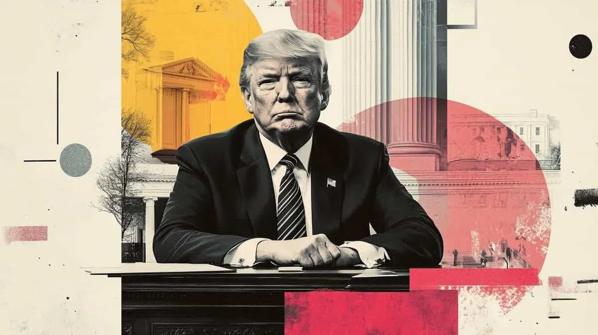 Collage of Donald Trump seated at a desk, with columns and red and yellow circles.