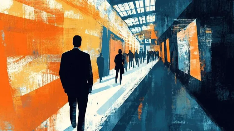 Businesspeople walking in a modern corridor, social Europe.
