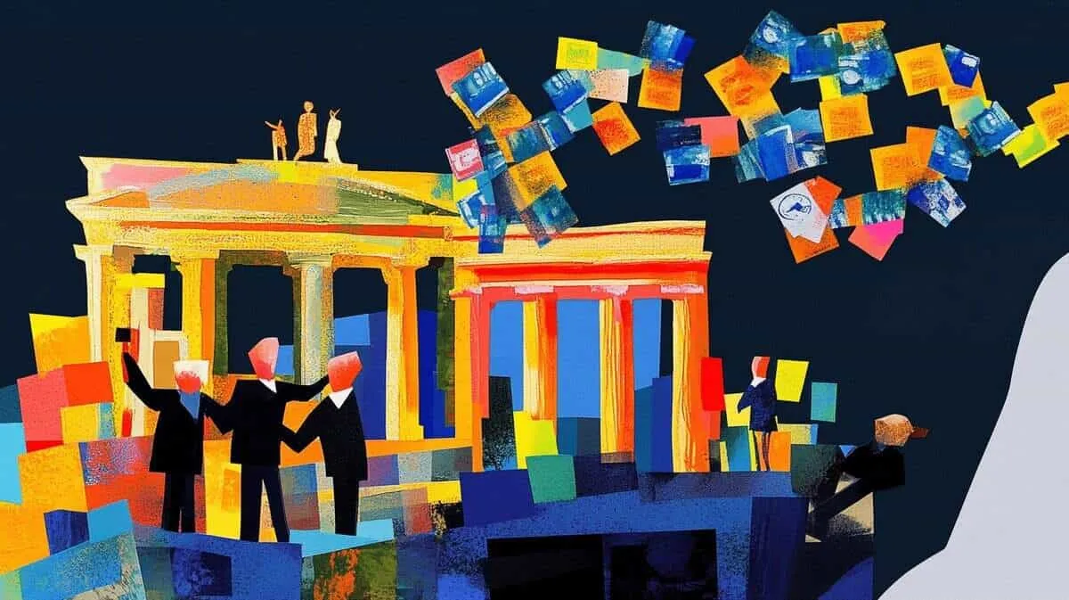 Illustration of the Berlin Wall with political figures and colourful blocks.