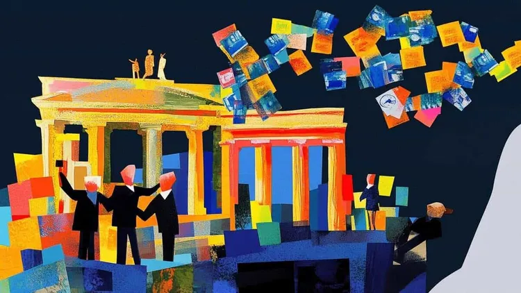 Illustration of the Berlin Wall with political figures and colourful blocks.