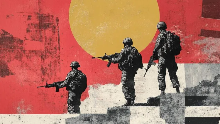 Three soldiers with rifles walking on stairs against a red and yellow background.