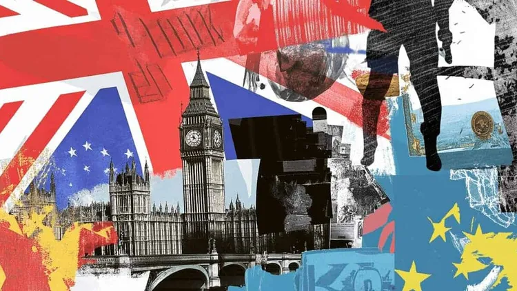 Collage of European and UK political symbols and landmarks.