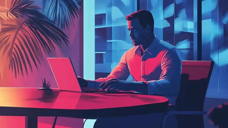Man working on a laptop at night, Social Europe.