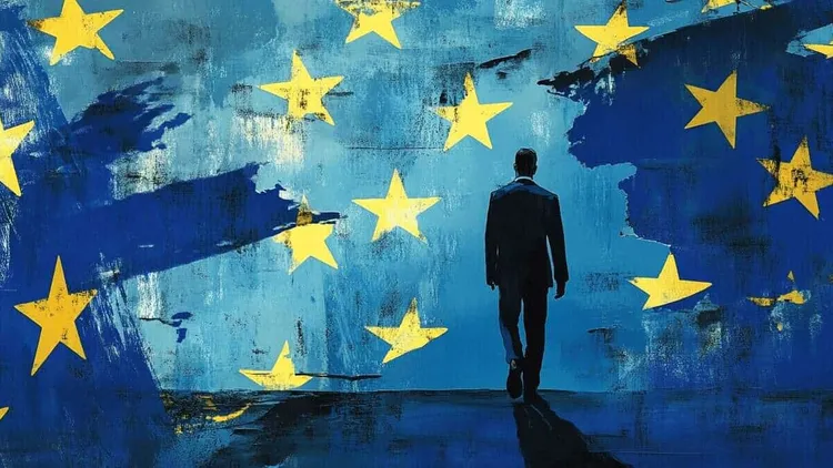 Man walking among EU flag stars.