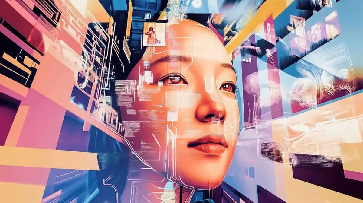 Futuristic AI woman with digital interfaces.