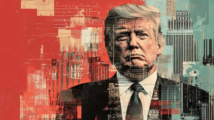 Collage of Donald Trump against a red and teal cityscape of skyscrapers.