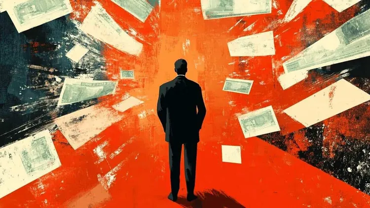 Silhouette of a man facing a chaotic background of falling banknotes.