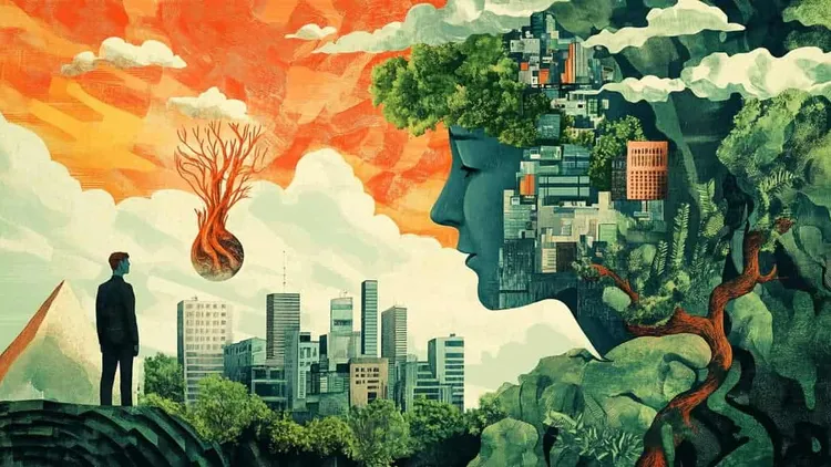 A man observes a surreal landscape with a city and a large face made of trees and buildings.