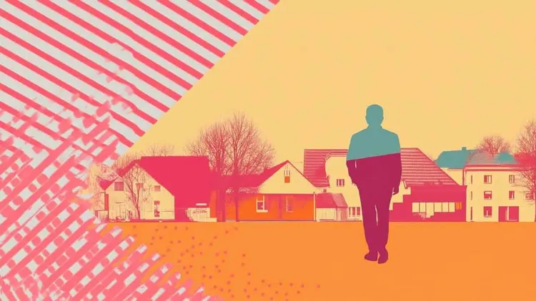 Person standing in a suburban area with houses and trees.