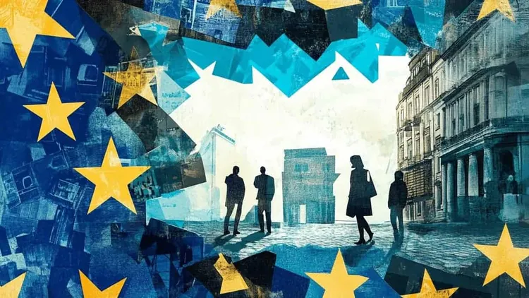 European Union flags overlaying a city street scene in London.