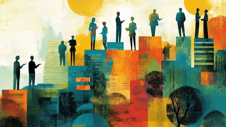 Silhouettes of people on city buildings, social interaction theme.