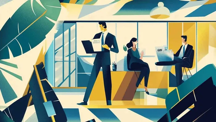 Business meeting with three people in a contemporary office environment.