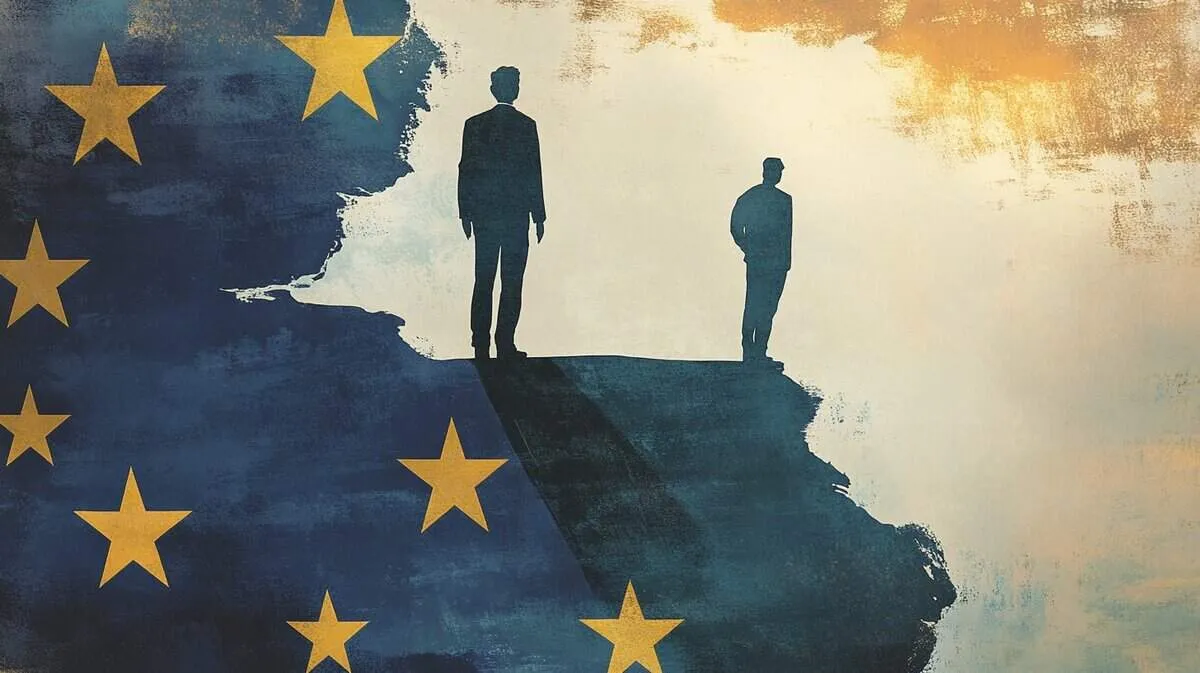 Two silhouetted figures on a cliff with EU flag stars in the background.