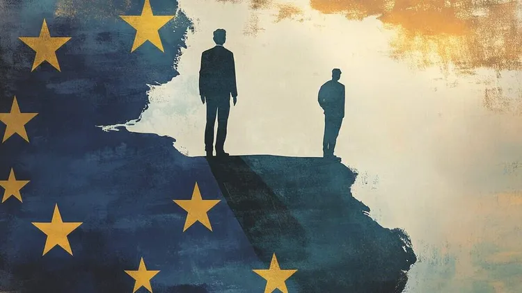 Two silhouetted figures on a cliff with EU flag stars in the background.