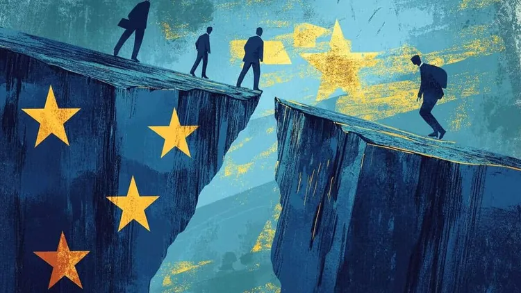 People walking on a broken bridge with EU stars.
