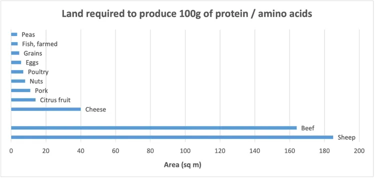 Bar chart showing land needed for different protein sources, including beef and peas.