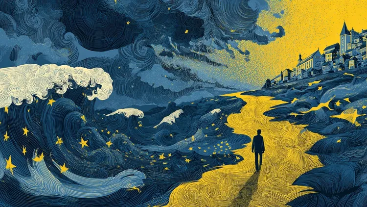 Stormy sea with dark clouds and a person walking on a yellow path.