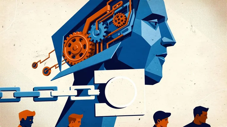 Illustration of a robotic head with gears inside its skull, a chain around its neck and four people below.