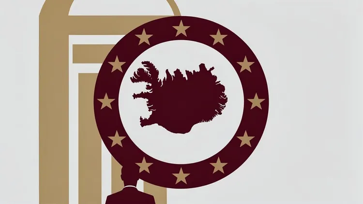 Illustration of Iceland's outline inside a ring of EU stars, with columns and a man's silhouette in the background.