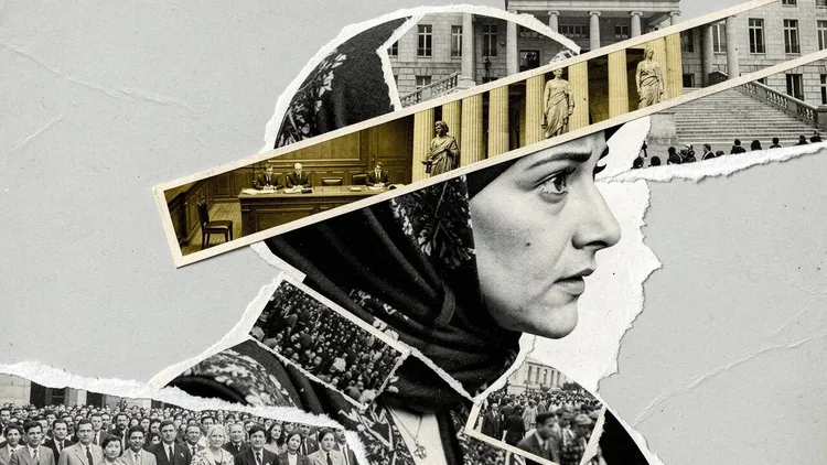 Photo collage of a woman in a headscarf in profile, with torn paper strips showing a courtroom, a columned building and crowds.