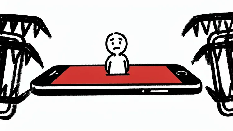 Line drawing of a worried figure standing in a red smartphone screen between two sets of jagged jaws.
