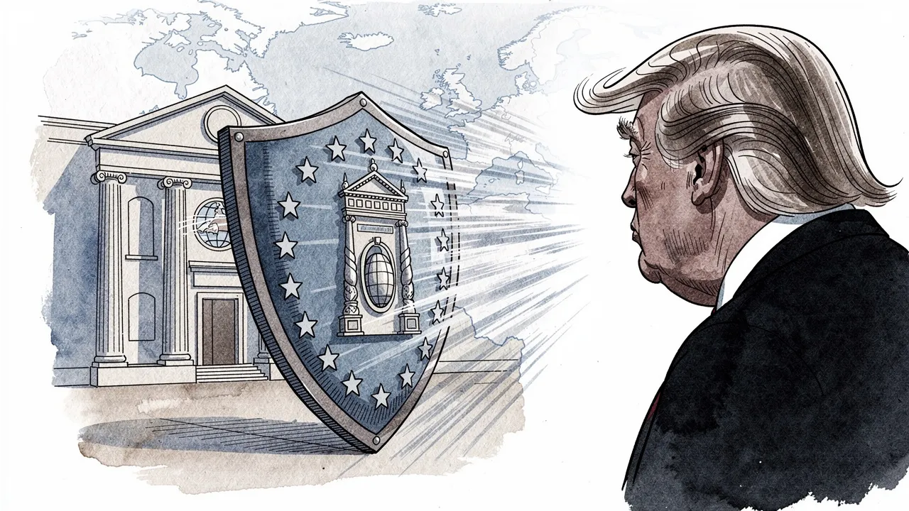 Watercolour illustration of a shield with EU stars guarding a court building, with Donald Trump in profile facing it.