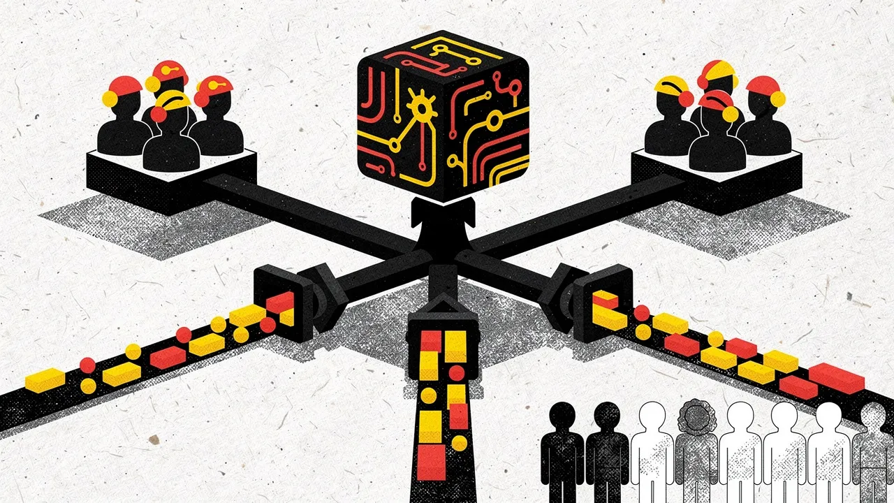 Illustration: a cube patterned like a circuit board sits on a hub that feeds three conveyor belts; groups of workers in hard hats stand on platforms either side, a row of fading figures below.