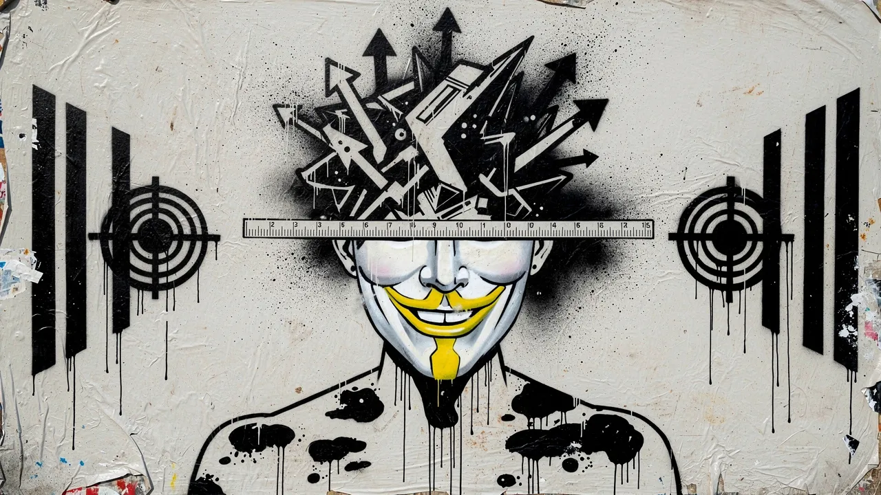 Stencil graffiti of a grinning masked figure with a ruler over its eyes, arrows bursting from its head, flanked by targets.