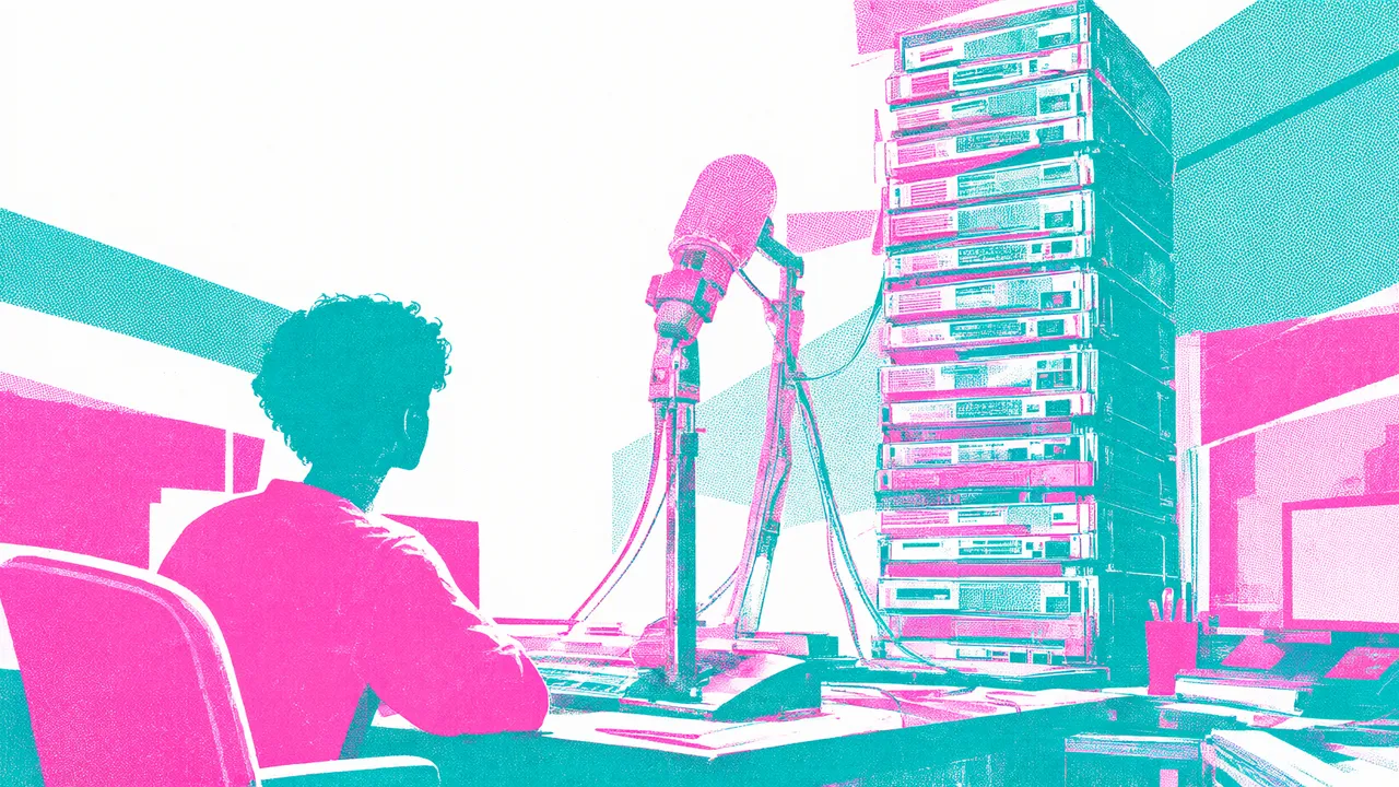 Two-tone pink and teal risograph-style illustration of a person at a desk facing a large microphone beside a towering server stack.