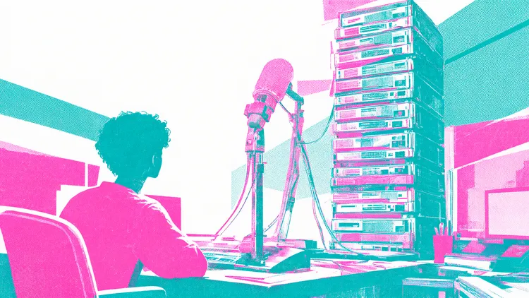 Two-tone pink and teal risograph-style illustration of a person at a desk facing a large microphone beside a towering server stack.