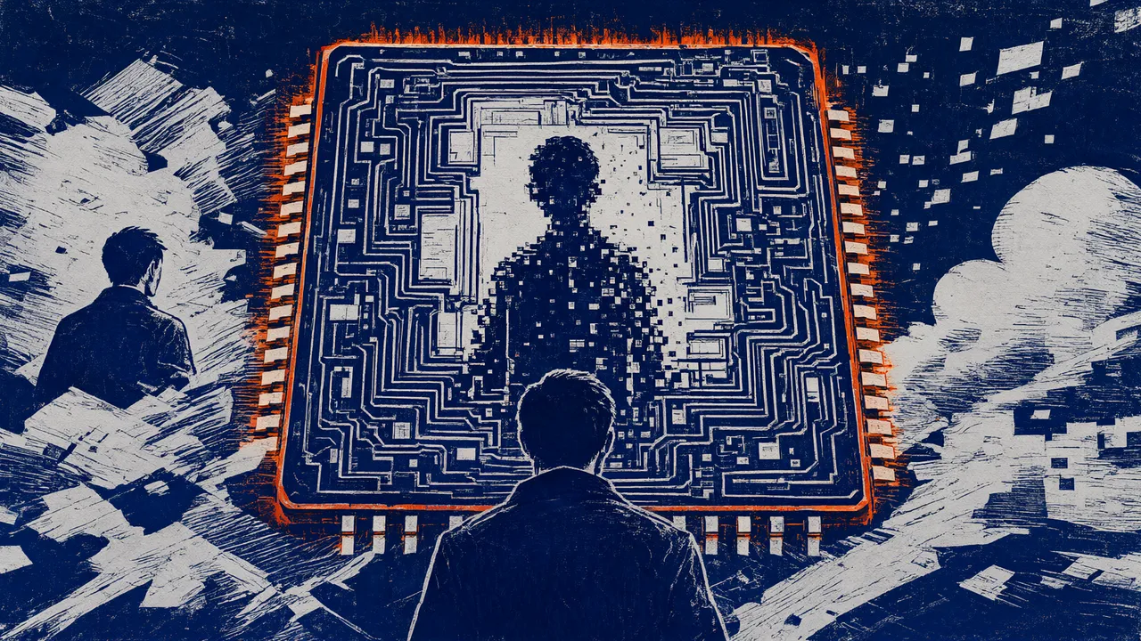 Navy and orange illustration of a man seen from behind facing a giant microchip showing a pixelated human silhouette.