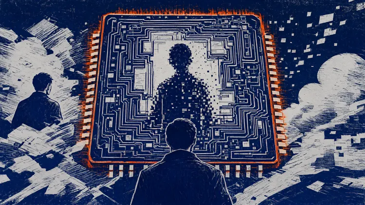 Navy and orange illustration of a man seen from behind facing a giant microchip showing a pixelated human silhouette.
