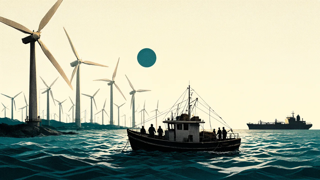 Illustration of a fishing boat with crew on choppy teal sea, wind turbines on the left and a tanker on the horizon.