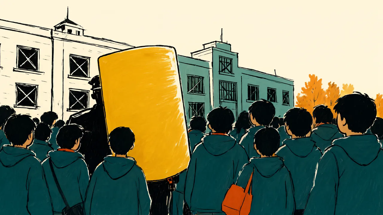 Illustration of teenagers in teal hoodies facing a riot officer with a yellow shield outside boarded-up buildings.