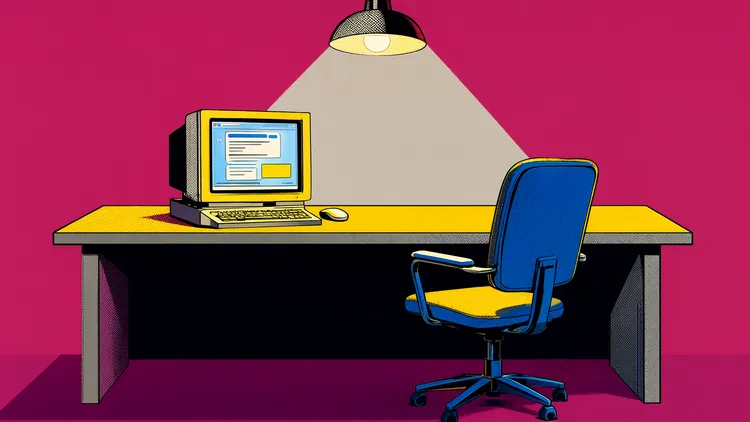 Pop-art illustration of an empty blue office chair at a yellow desk with a retro computer under a hanging lamp.
