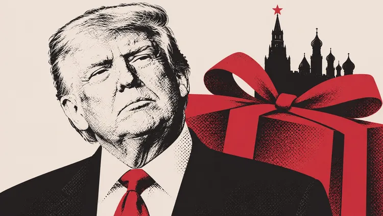 Black, cream and red illustration of Donald Trump beside a large gift box, with Kremlin towers behind it.