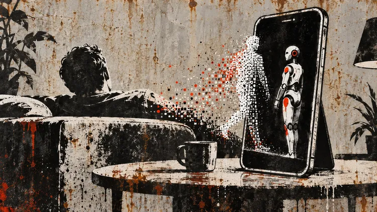 Grungy stencil illustration of a man on a sofa dissolving into pixels that flow toward a robot inside a large phone on a table.